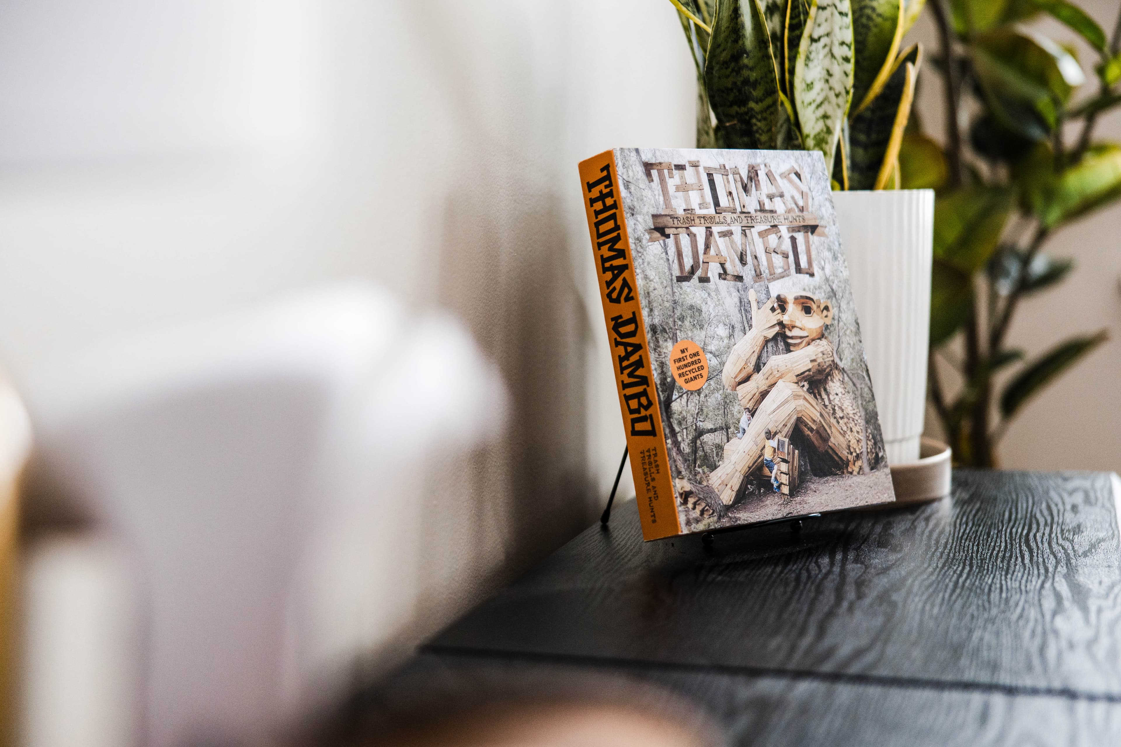 Thomas Dambo's book Trash Trolls and Treasure Hunts leans against a white potted plant.